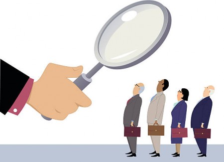 Business people standing in line under a magnifying glass, as a metaphor for employee performance evaluation, EPS 8 vector illustration, no transparencies